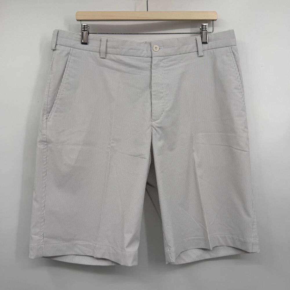 Nike Dri Fit Gray White Striped Stretch Flat Front Golf Chino Shorts Size 36